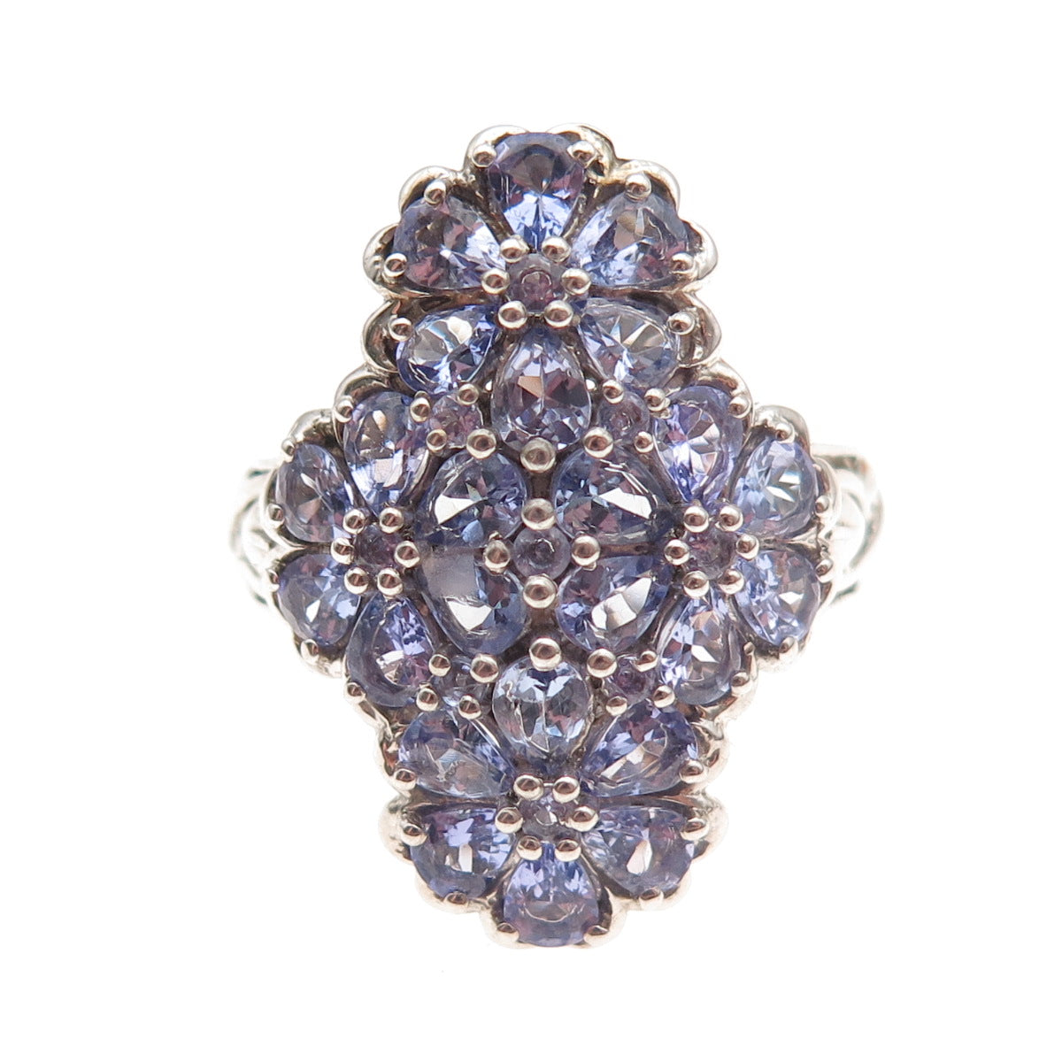 Chuck Clemency 925 Sterling Silver Real Tanzanite Floral Cluster Ring Size 8.25