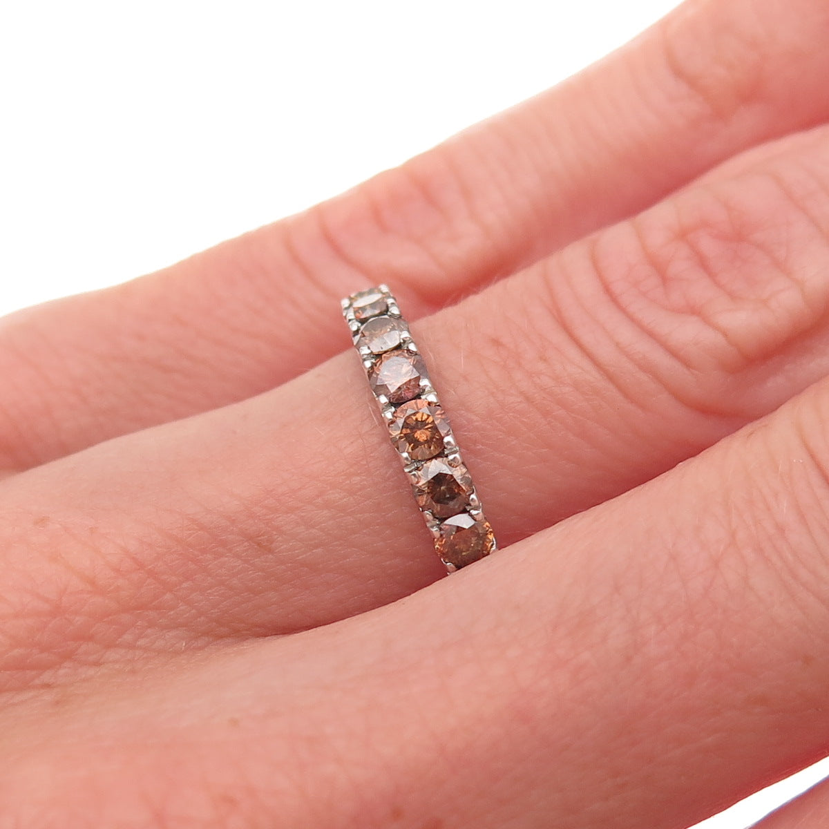 925 Sterling Silver Real Cognac Diamond Half Eternity Band Ring Size 5.25