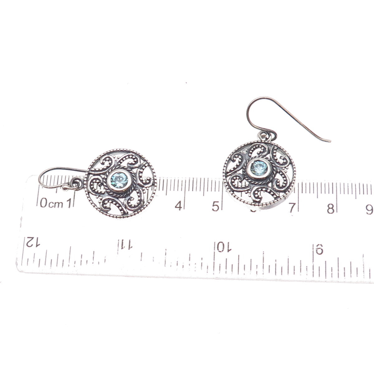 925 Sterling Silver Vintage Real Blue Topaz Floral Scroll Dangle Earrings