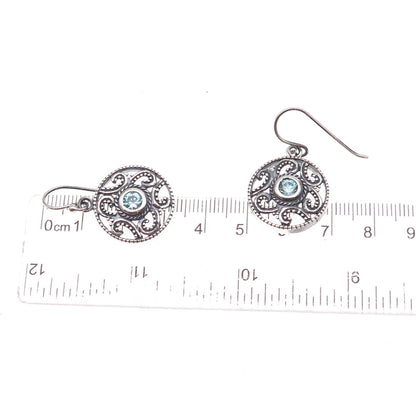 925 Sterling Silver Vintage Real Blue Topaz Floral Scroll Dangle Earrings