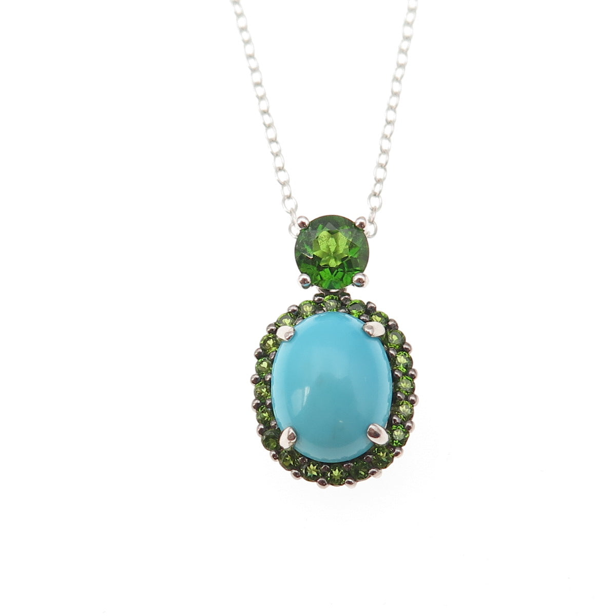 925 Sterling Silver Real Turquoise & Peridot Cable Chain Necklace 18"