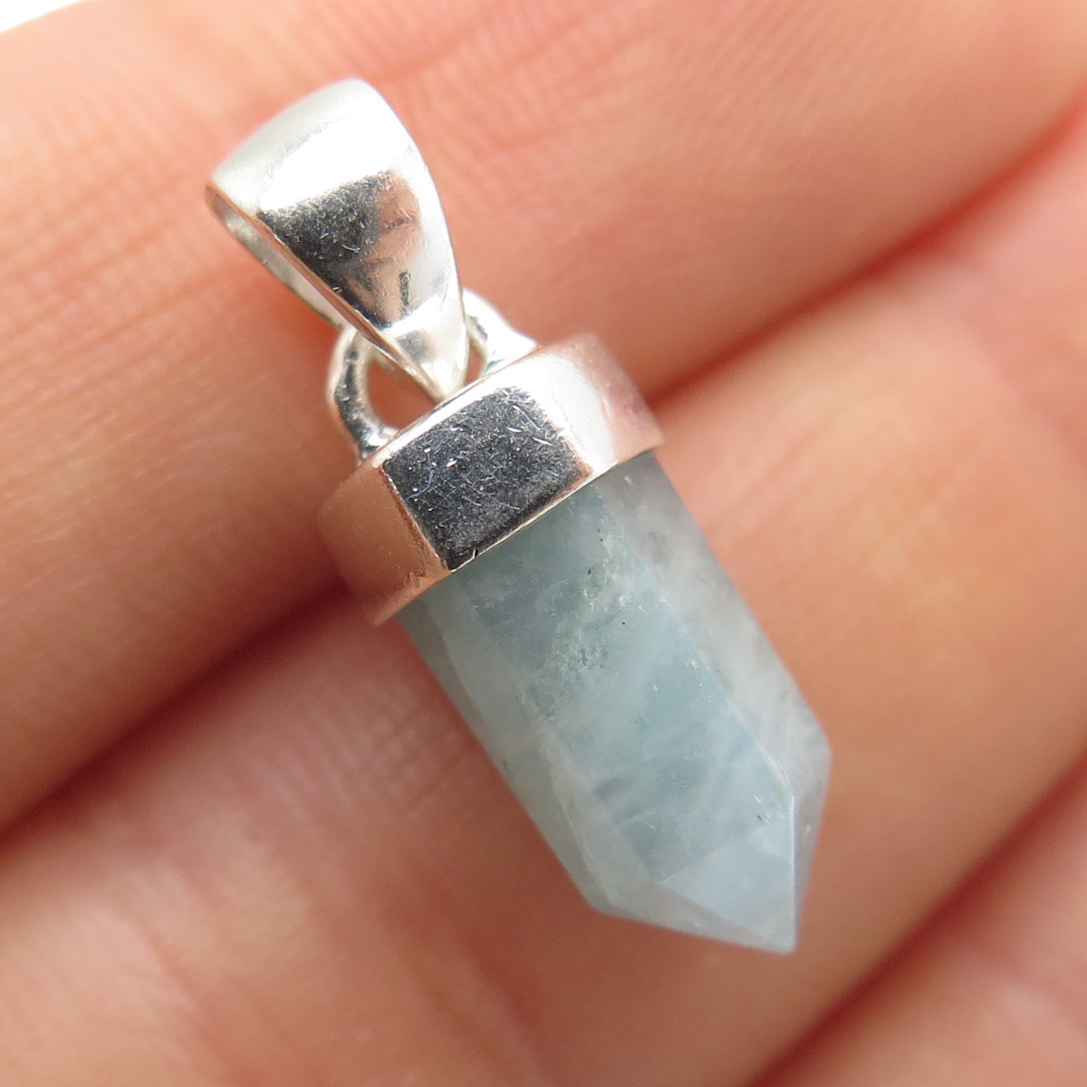 925 Sterling Silver Vintage Real Milky Aquamarine Amulet Charm Pendant