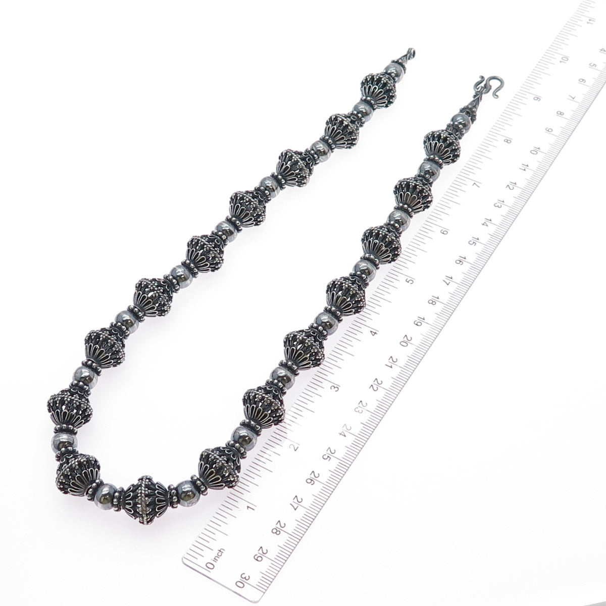 999 Fine Silver Vintage Oxidized Floral Beaded Chain Heavy 116.8g Necklace 20”