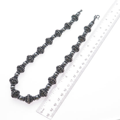999 Fine Silver Vintage Oxidized Floral Beaded Chain Heavy 116.8g Necklace 20”