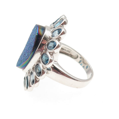 925 Sterling Silver Vintage Real Druzy & London Blue Topaz Flower Ring Size 7.25