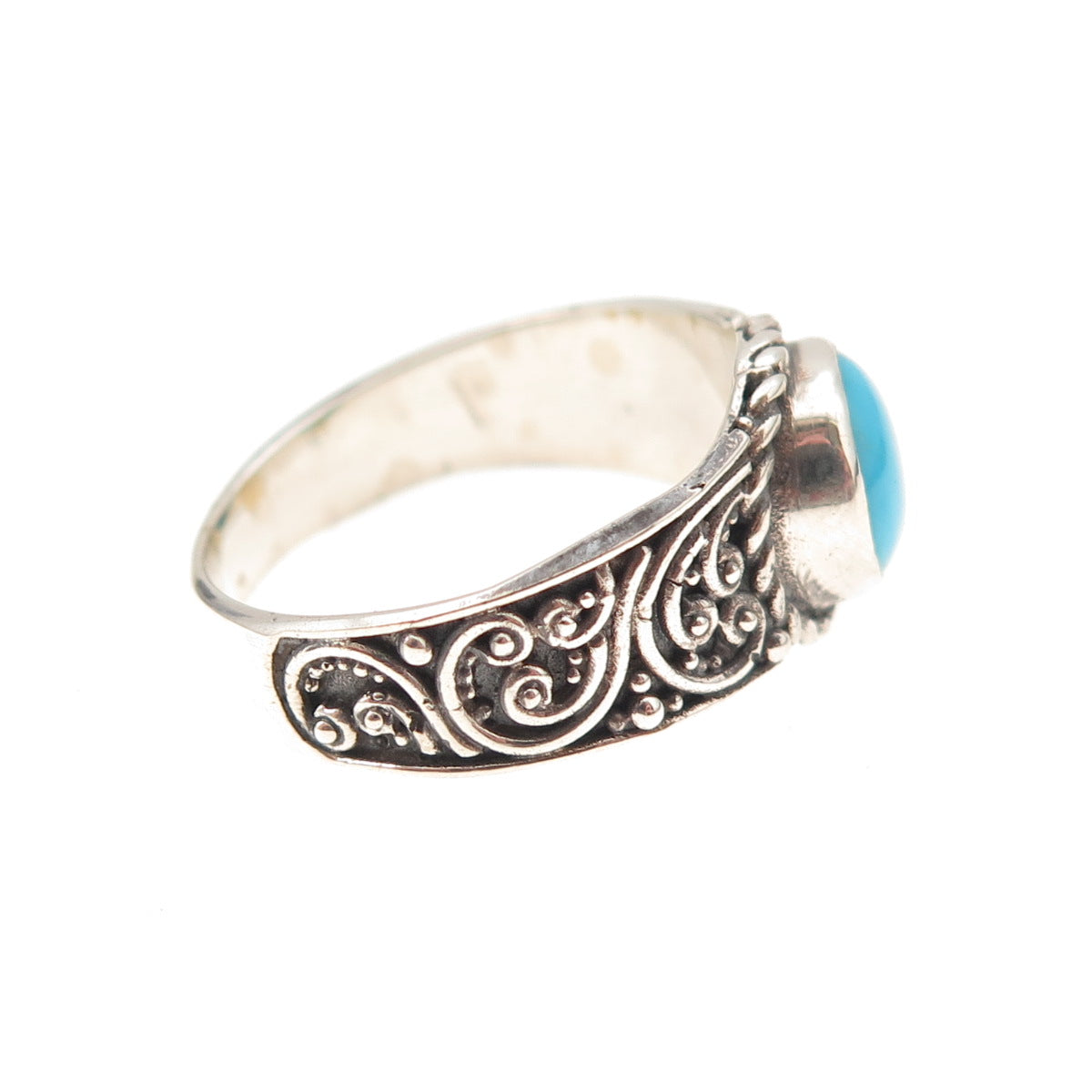 925 Sterling Silver Real Sleeping Beauty Turquoise Floral Oxidized Ring Size 8