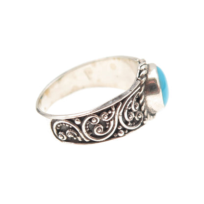 925 Sterling Silver Real Sleeping Beauty Turquoise Floral Oxidized Ring Size 8