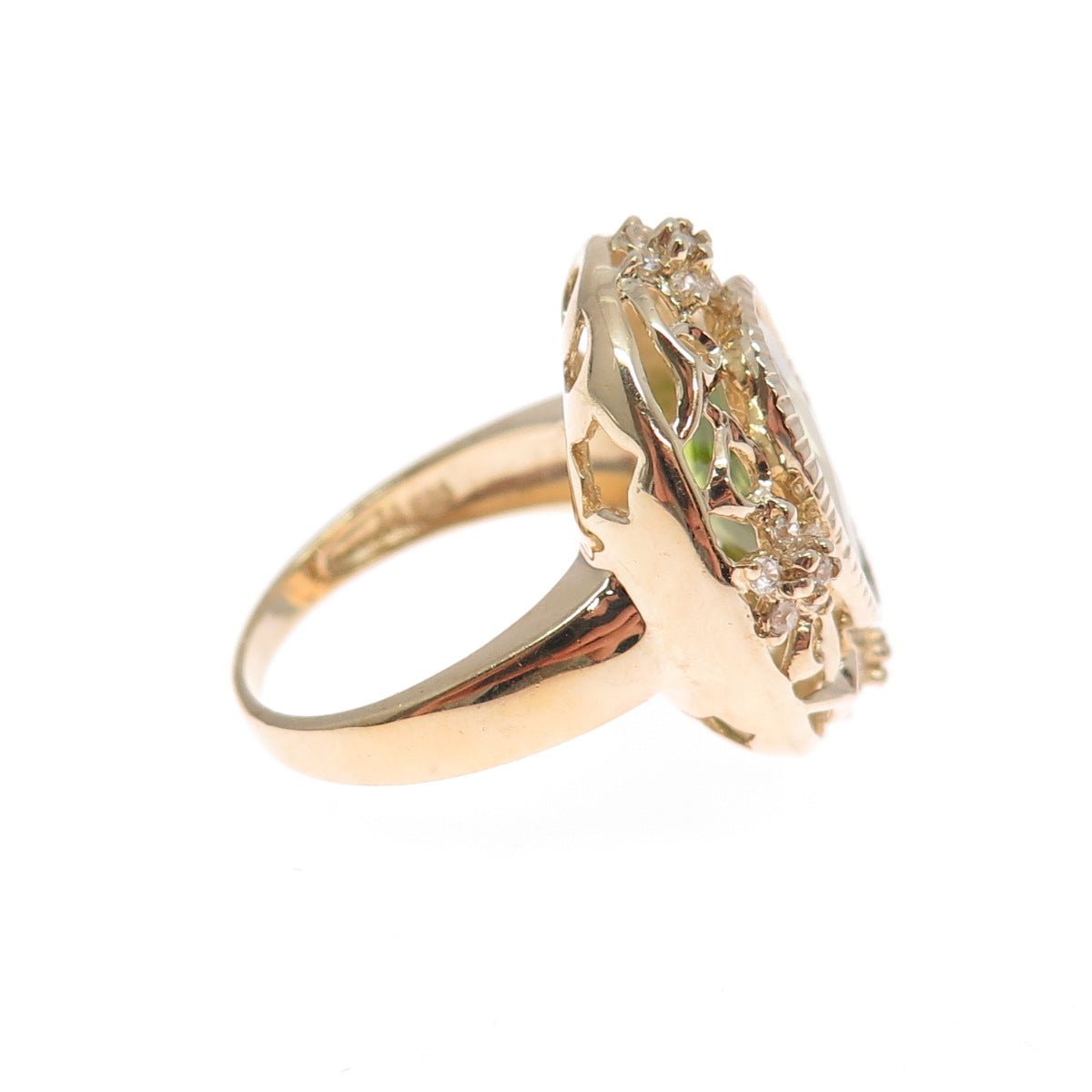 925 Sterling Silver Gold Plated Real Oval-Cut Peridot & C Z Ring Size 6.25