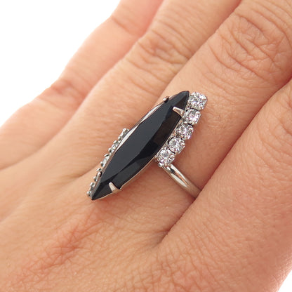 TRU ART 925 Sterling Silver Shank Antique Black Onyx & Rhinestone Ring Size 6.5