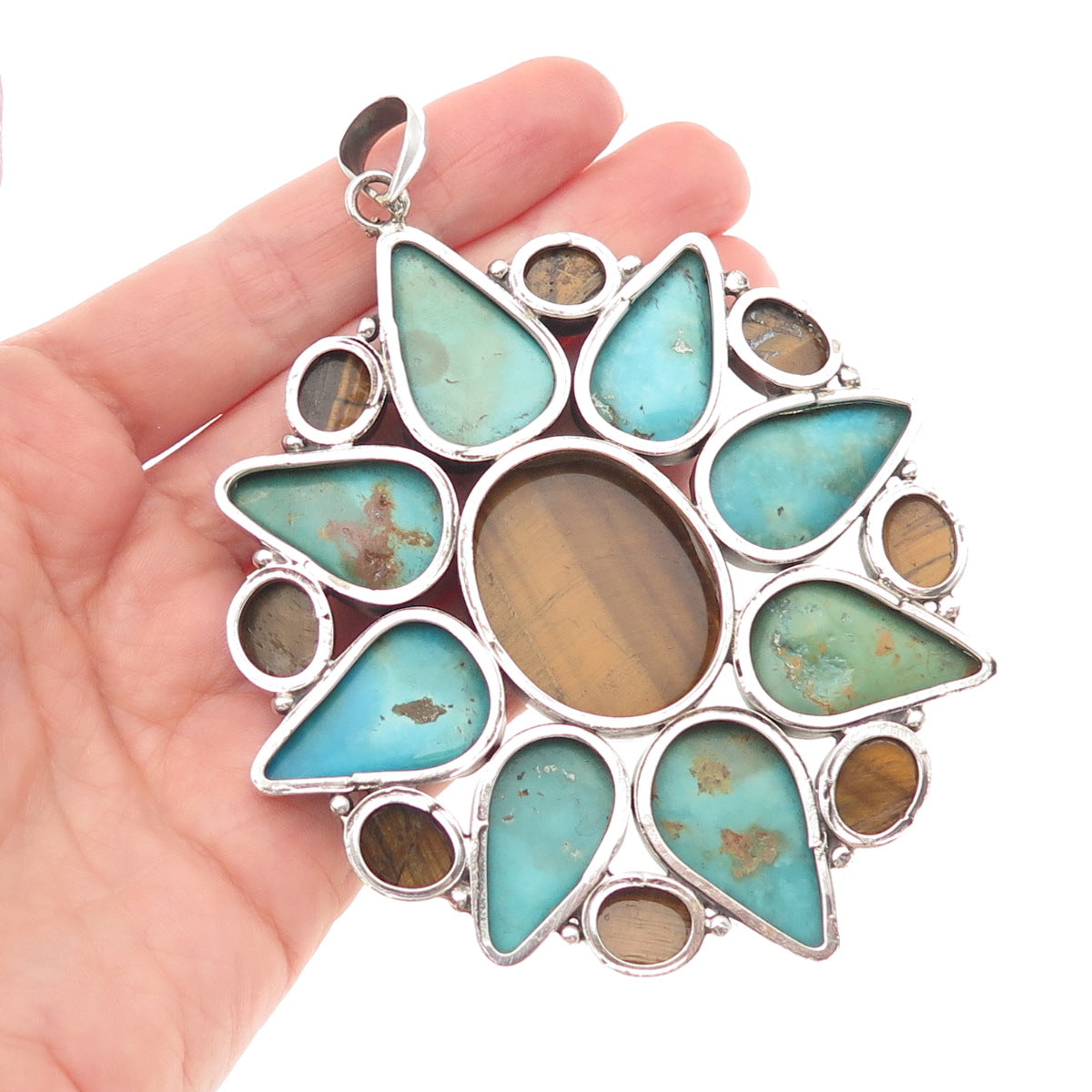 925 Sterling Silver Vintage Real Turquoise & Tiger Eye Statement 78.8g Pendant