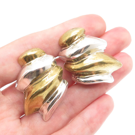 925 Sterling Silver 2-Tone Vintage Mexico Modernist Clip On Earrings