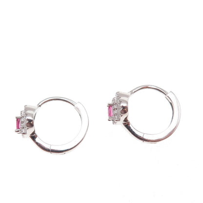 925 Sterling Silver Pink & White C Z Hoop Earrings