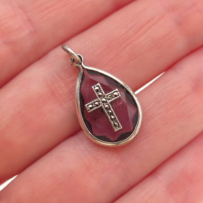 925 Sterling Silver Antique Art Deco Real Amethyst Marcasite Cross Mini Pendant