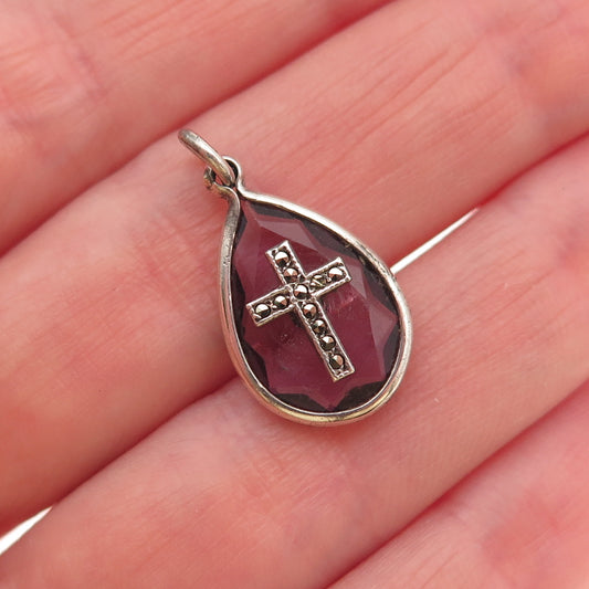 925 Sterling Silver Antique Art Deco Real Amethyst Marcasite Cross Mini Pendant