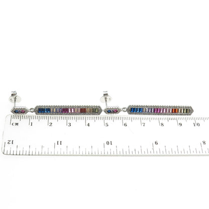 925 Sterling Silver Multi-Color Baguette-Cut C Z Bar Dangling Earrings