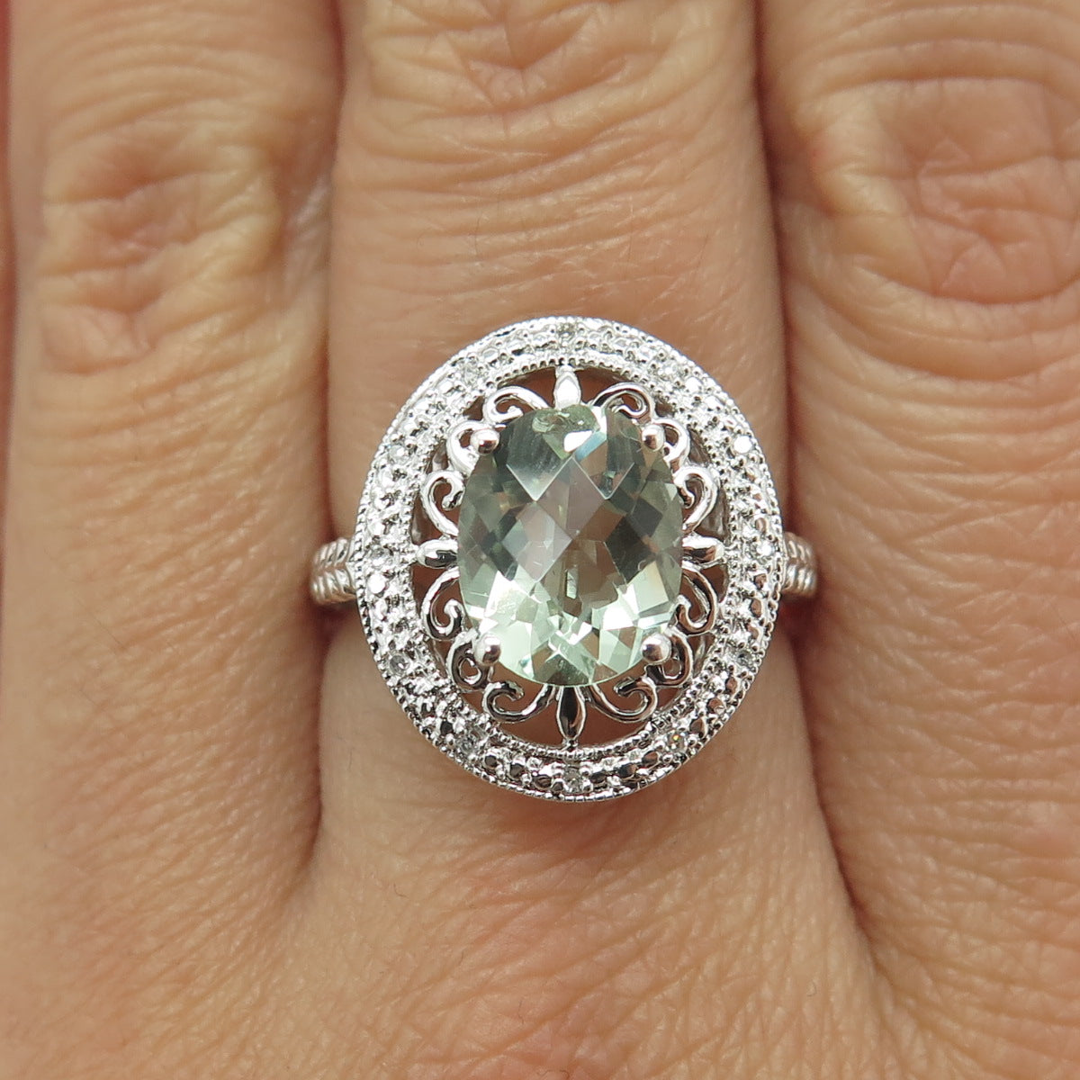 925 Sterling Silver Real Round-Cut Diamond & Green Amethyst Ring Size 7