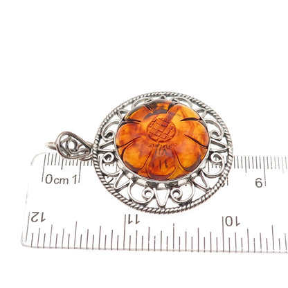 DP Doug Paulus 925 Sterling Silver Vintage Real Amber Floral Charm Pendant