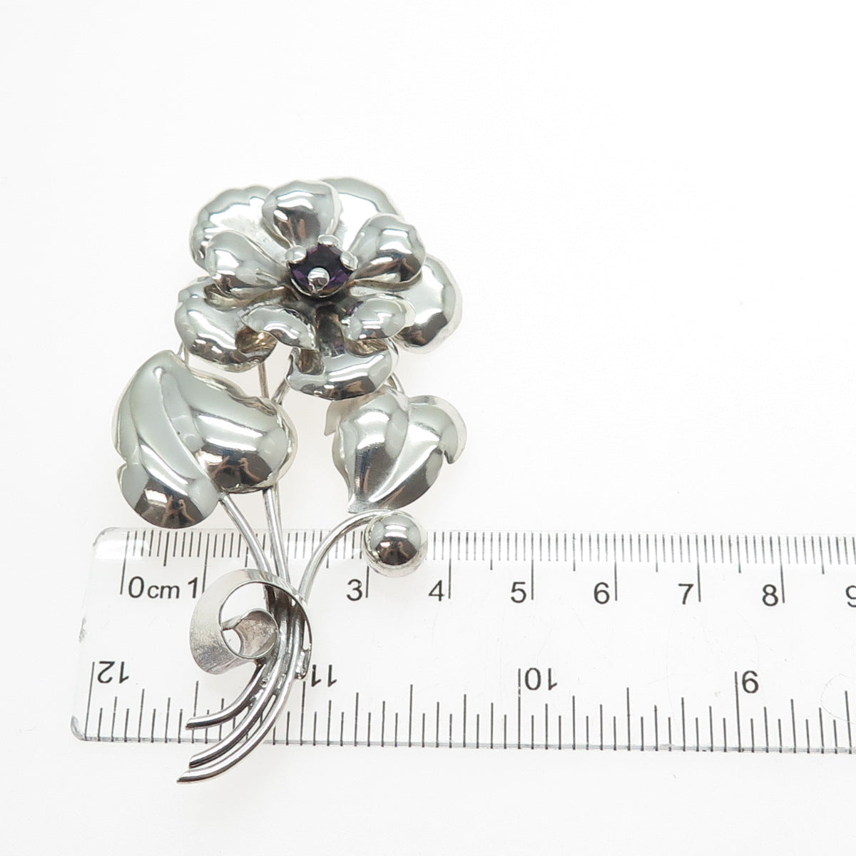 925 Sterling Silver Antique Art Deco Purple Rhinestone Flower Oxidized Brooch