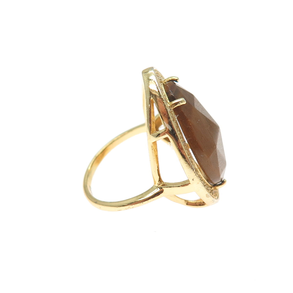 925 Sterling Silver Gold Plated Real Tiger Eye & C Z Teardrop Ring Size 6.5