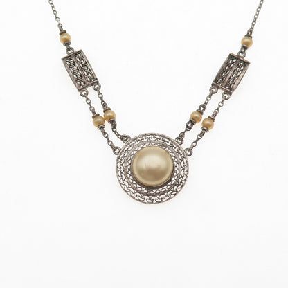 925 Sterling Antique Art Deco Faux Pearl Filigree Cable Chain Necklace 16"