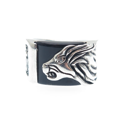CARLITO'S Sterling Silver Vintage Real Black Onyx Lion Oxidized Ring Size 9.25