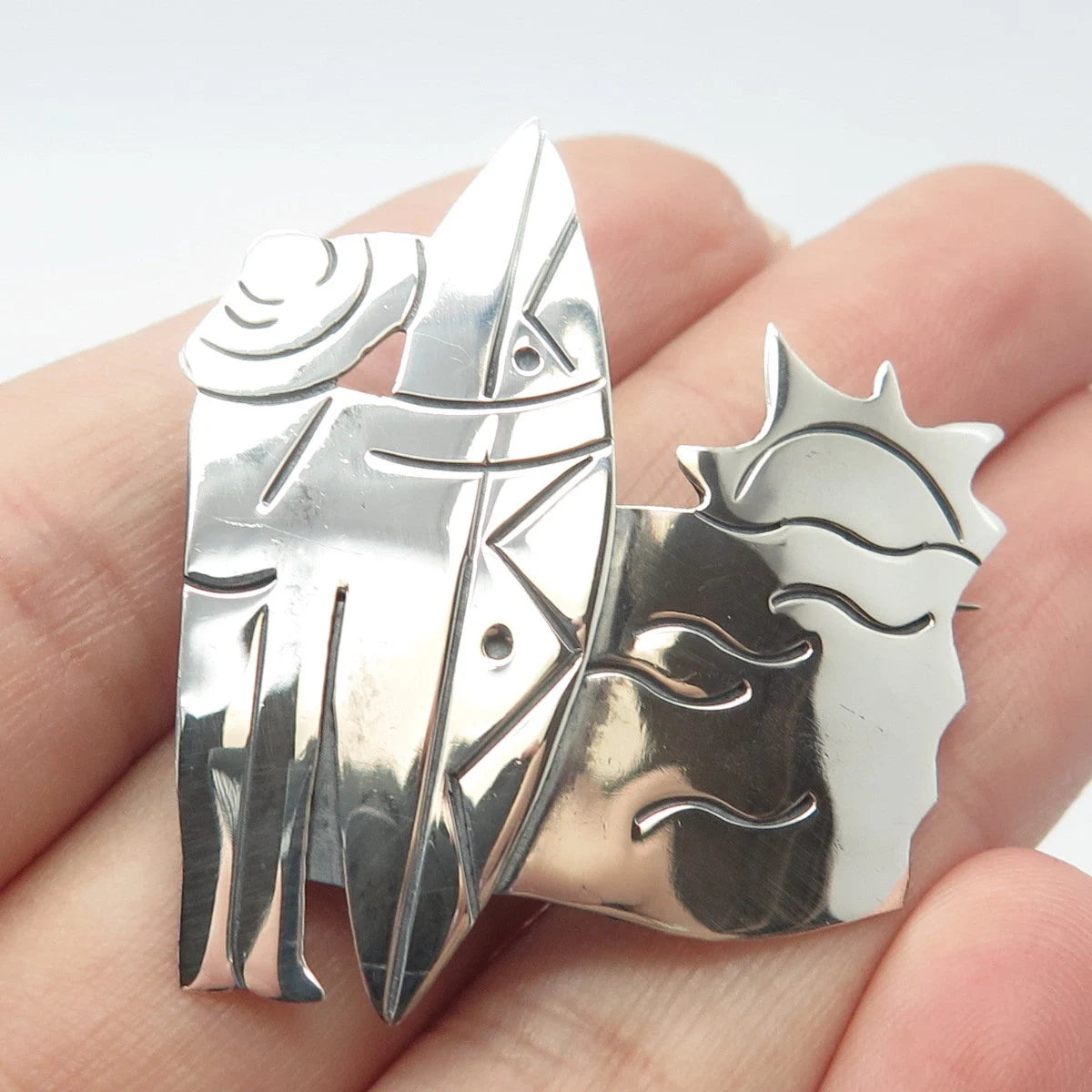 925 Sterling Silver Vintage Mexico Surfing Pin Brooch