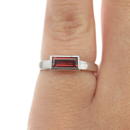 925 Sterling Silver Baguette-Cut Shaped Red C Z Ring Size 4.75