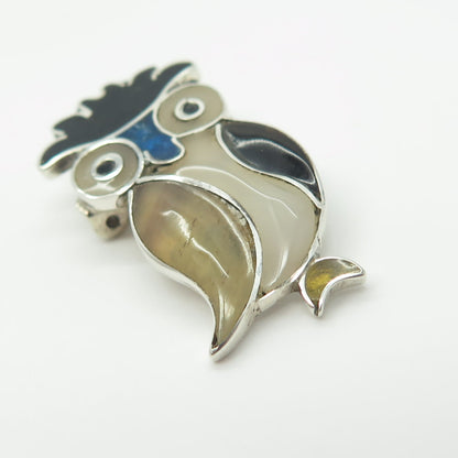 925 Sterling Silver Vintage Mexico Real Onyx Agate MOP Wise Owl Pin Brooch