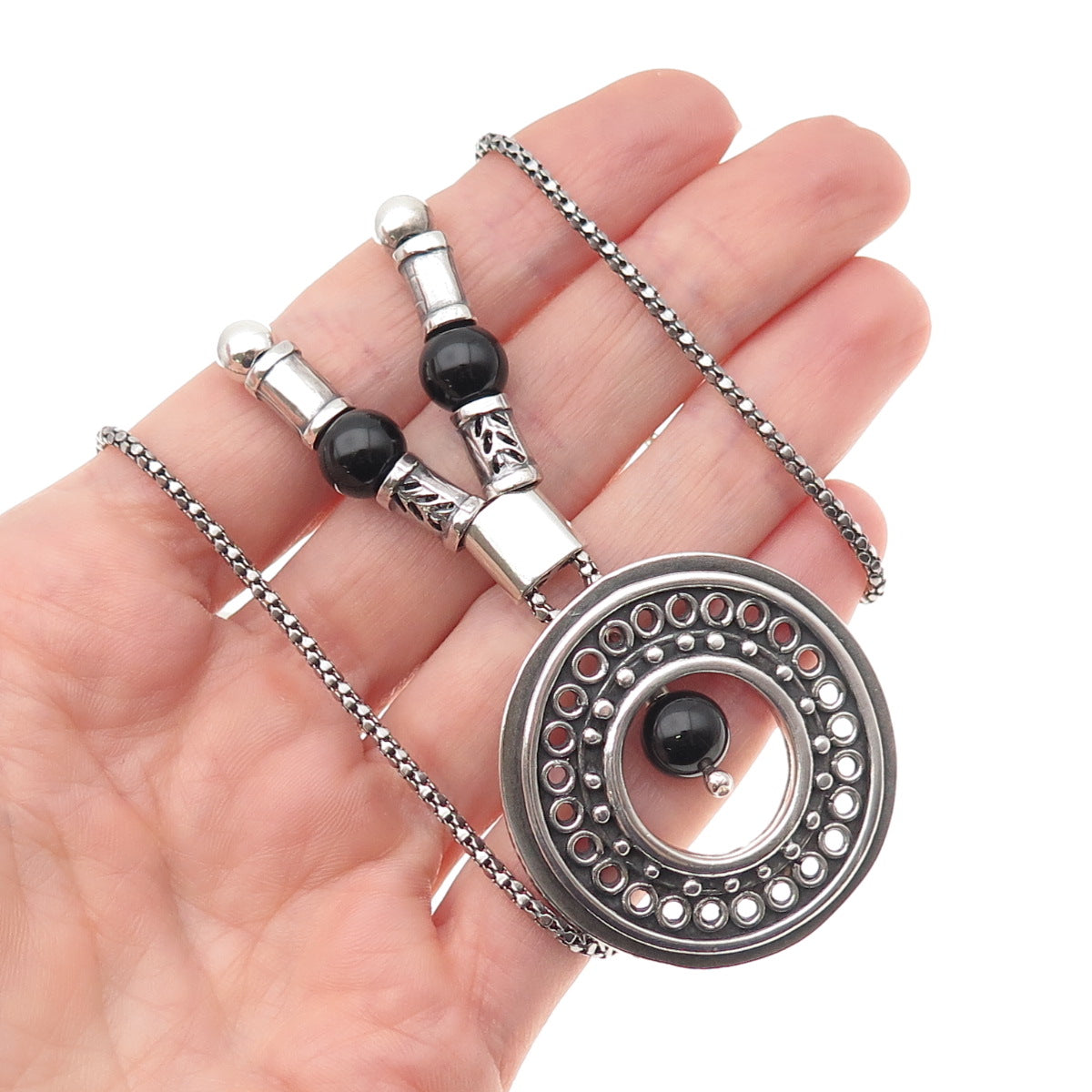 925 Sterling Silver Vintage Real Black Onyx Modernist Disc Chain Necklace 32"