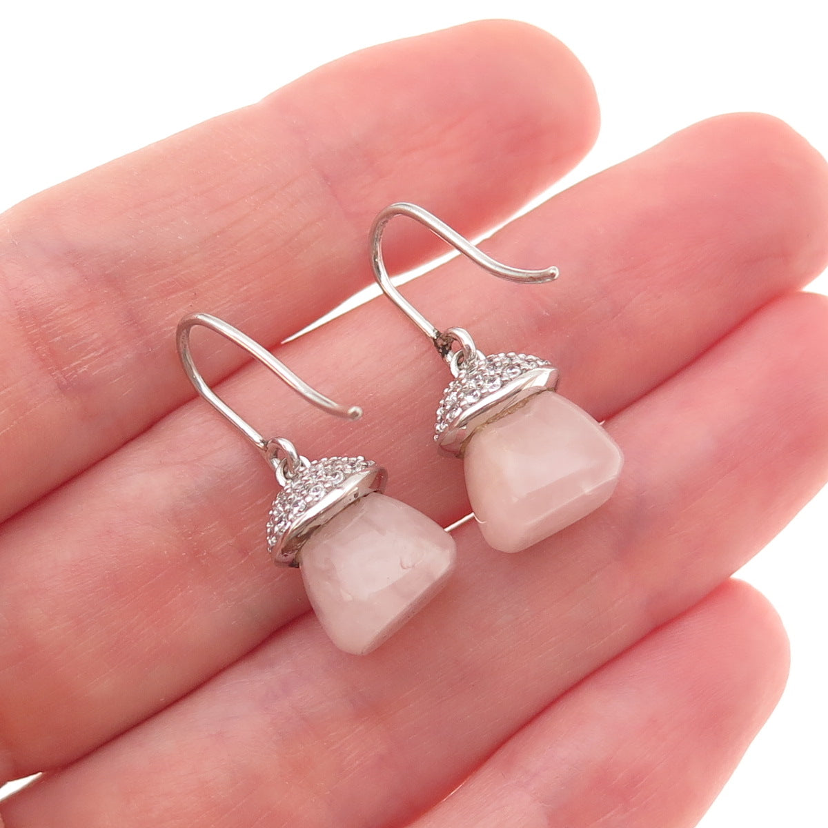 Esprit 925 Sterling Silver Vintage Real Rose Quartz & C Z Dangle Earrings