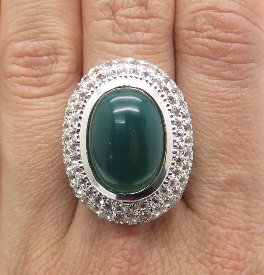 925 Sterling Silver Real Green Onyx & White Topaz Gem Adjustable Ring Size 7.25