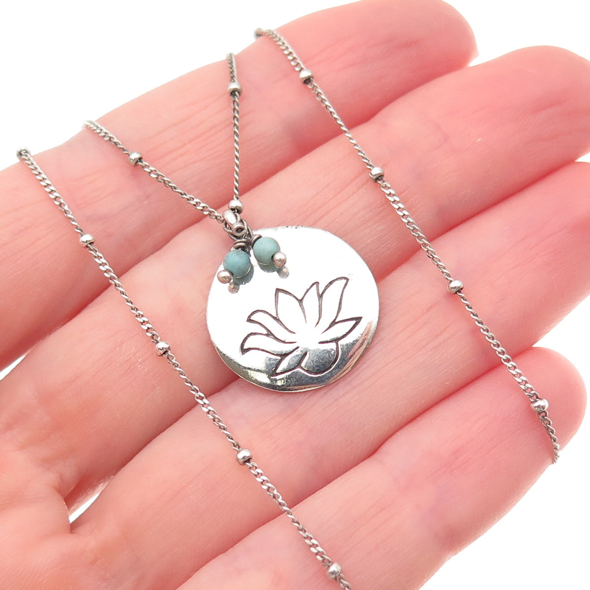 Satya 925 Sterling Silver Vintage Real Turquoise Lotus Tag Chain Necklace 20"