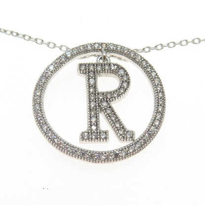 925 Sterling Silver Pave C Z Letter "R" Initial Rolo Chain Necklace 18"