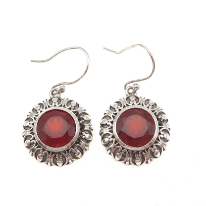 925 Sterling Silver Vintage Real Carnelian Floral Oxidized Dangle Earrings