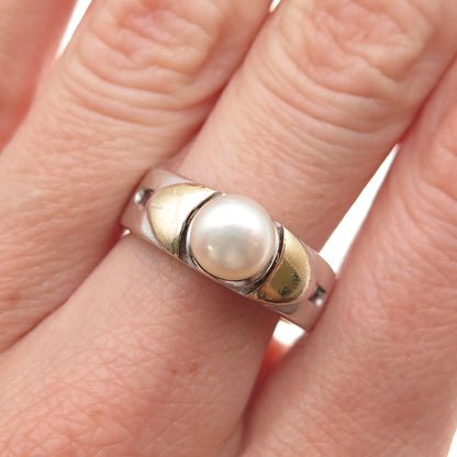 925 Sterling Silver 2-Tone Vintage Real Pearl Modernist Oxidized Ring Size 7.75