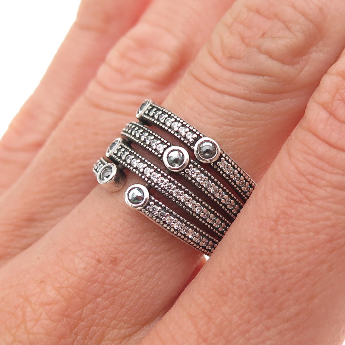 Pandora 925 Sterling Silver Blue C Z Shimmering Ocean Ring Size 7