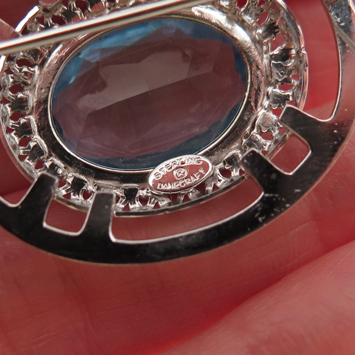DANECRAFT 925 Sterling Silver Antique Art Deco Oval-Cut Blue Crystal Pin Brooch