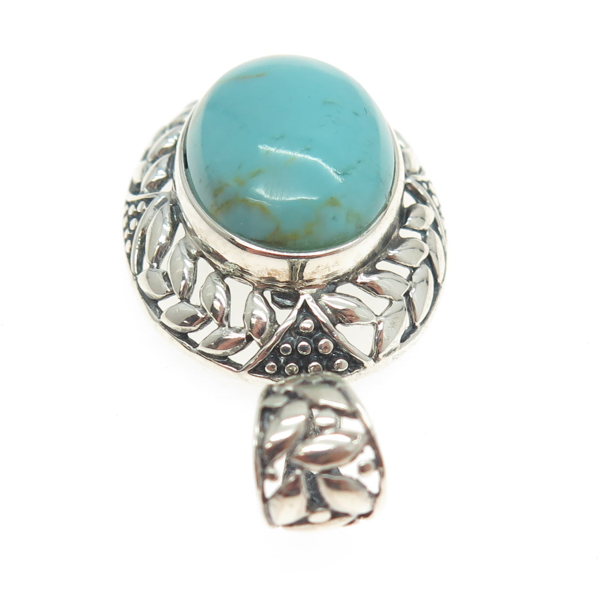 925 Sterling Silver Vintage Real Turquoise Laurel Floral Pendant