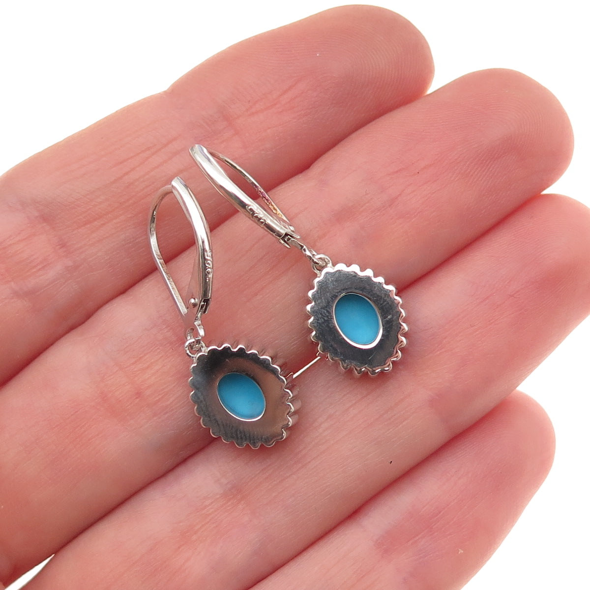 925 Sterling Silver Real Sleeping Beauty Turquoise Floral Dangle Earrings