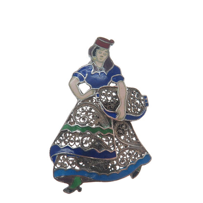 925 Sterling Silver Vintage Portugal Enamel Lady Filigree Oxidized Pin Brooch