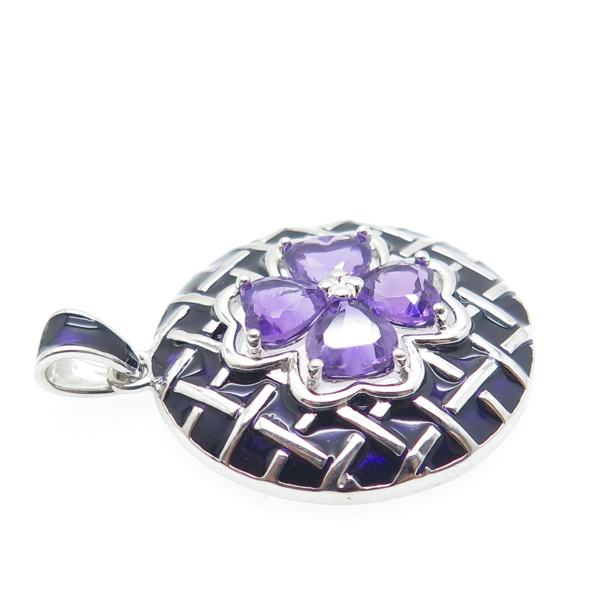 ROSS SIMONS 925 Sterling Silver Enamel Real Amethyst Heart Clover Pendant