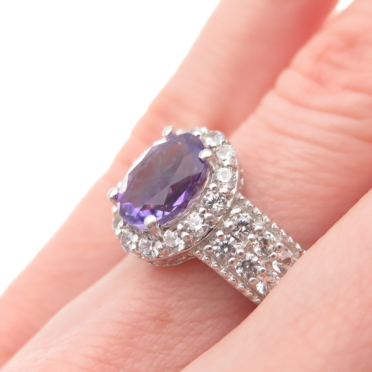 CHUCK CLEMENCY 925 Sterling Silver Real Amethyst & White Topaz Ring Size 6