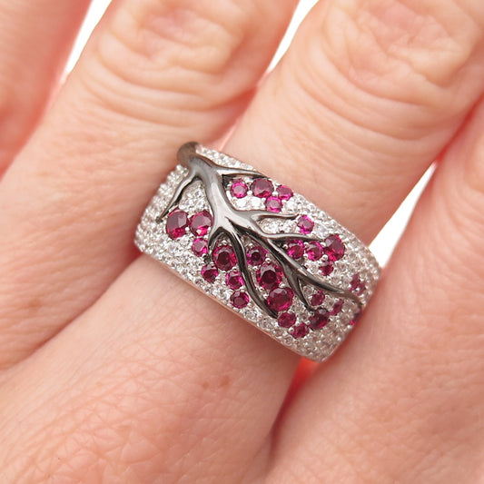 925 Sterling Silver Black Rhodium Lab-Created Ruby & C Z Floral Ring Size 6.75