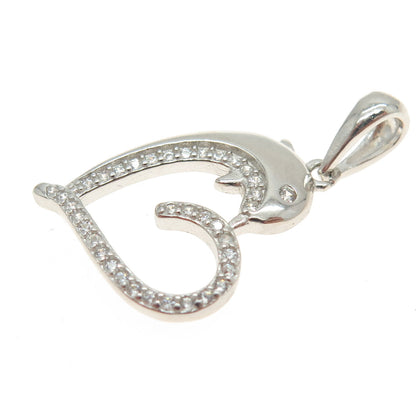 925 Sterling Silver Round-Cut C Z Dolphin Heart Pendant