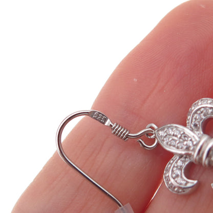 925 Sterling Silver Round-Cut C Z Fleur de Lis Dangle Earrings