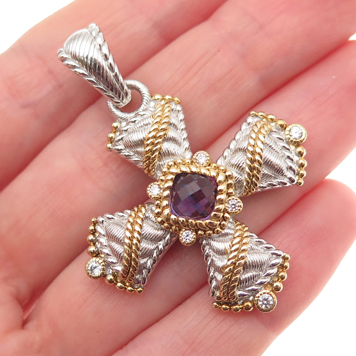 JUDITH RIPKA 925 Sterling Silver 2-Tone Real Amethyst & C Z Cross Pendant