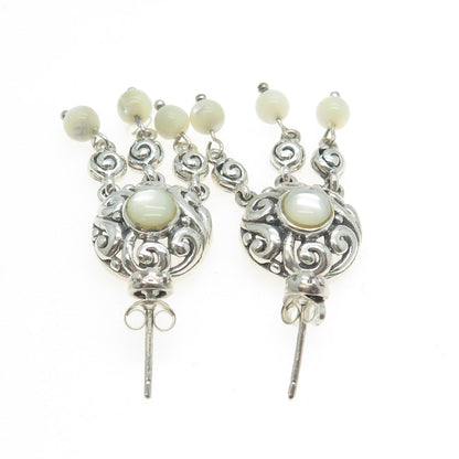 925 Sterling Silver Vintage Real Mother-of-Pearl Swirl Dangling Earrings