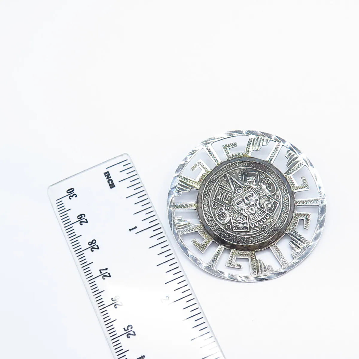 925 Sterling Silver Vintage Mexico Aztec Calendar Pin Brooch / Pendant