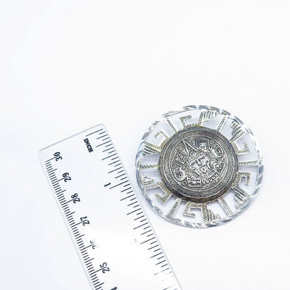 925 Sterling Silver Vintage Mexico Aztec Calendar Pin Brooch / Pendant