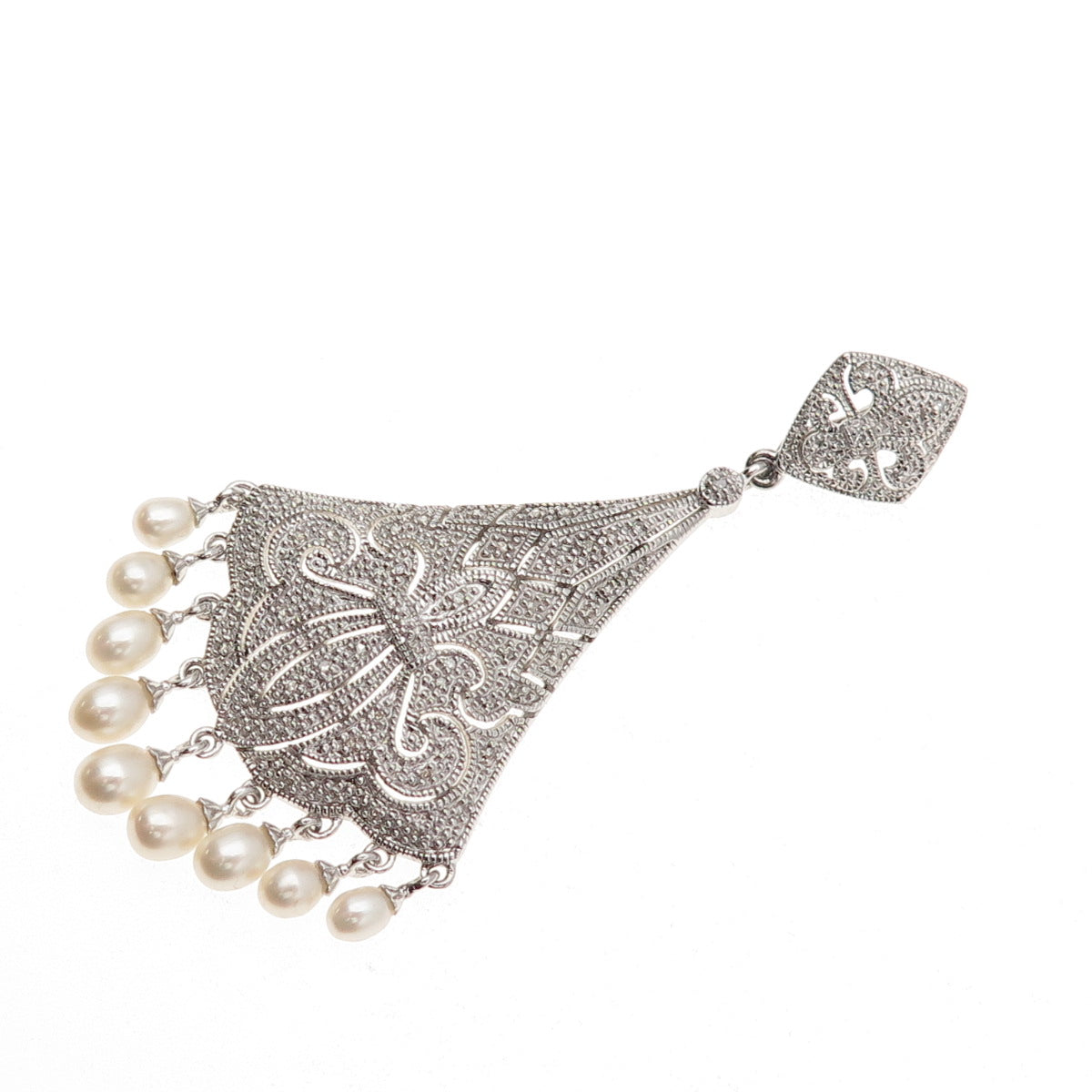 925 Sterling Silver Real Diamond & Pearl Fleur de Lis Pendant